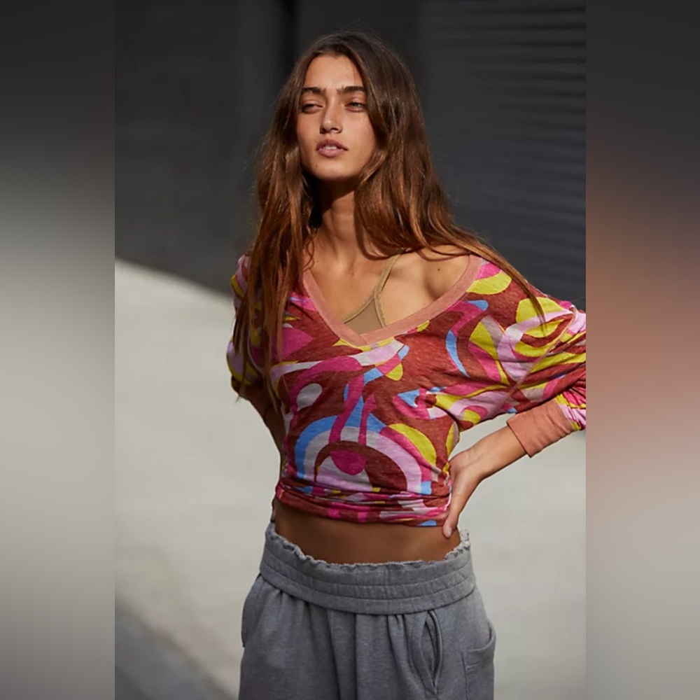 Free People Movement Keep Rolling Printed V Neck Long Sleeve